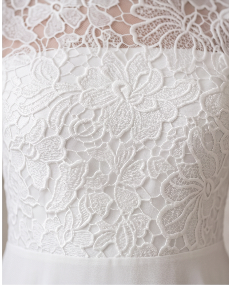 Close-up of a white bridal dress featuring intricate floral lace applique and a sheer lace neckline.