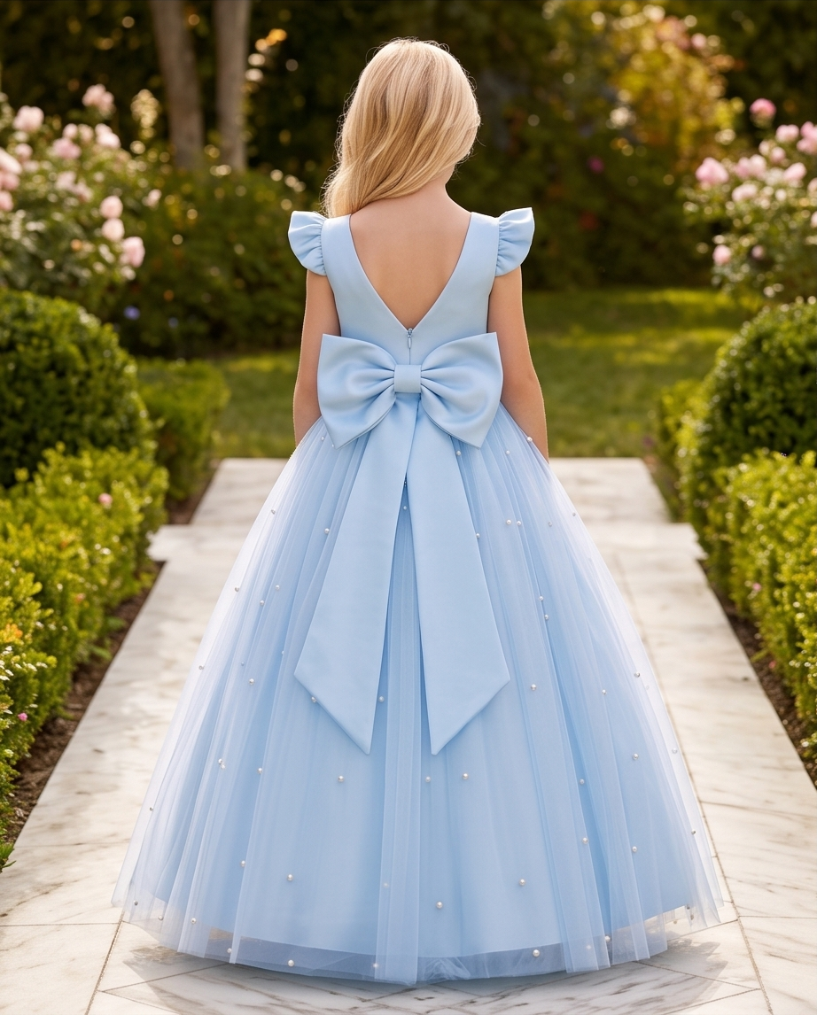 A young girl viewed from behind wearing a light blue tulle ball gown with a large bow on the back, standing on a stone path in a garden.