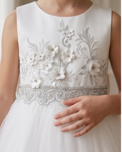Vivienne Lace Flower Girl Dress for Girls | White & Grey Formal Dress