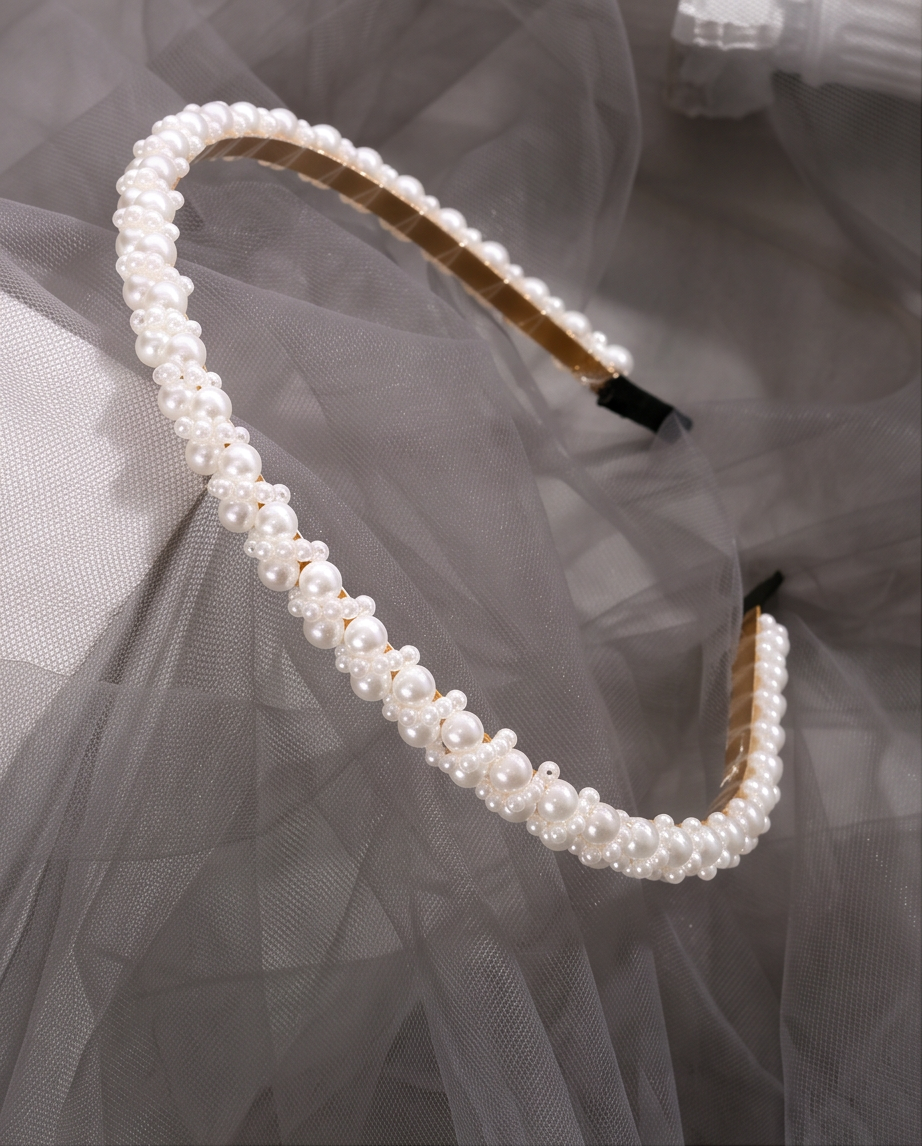 A pearl-beaded headband with a gold inner band, displayed on a soft gray tulle fabric background.