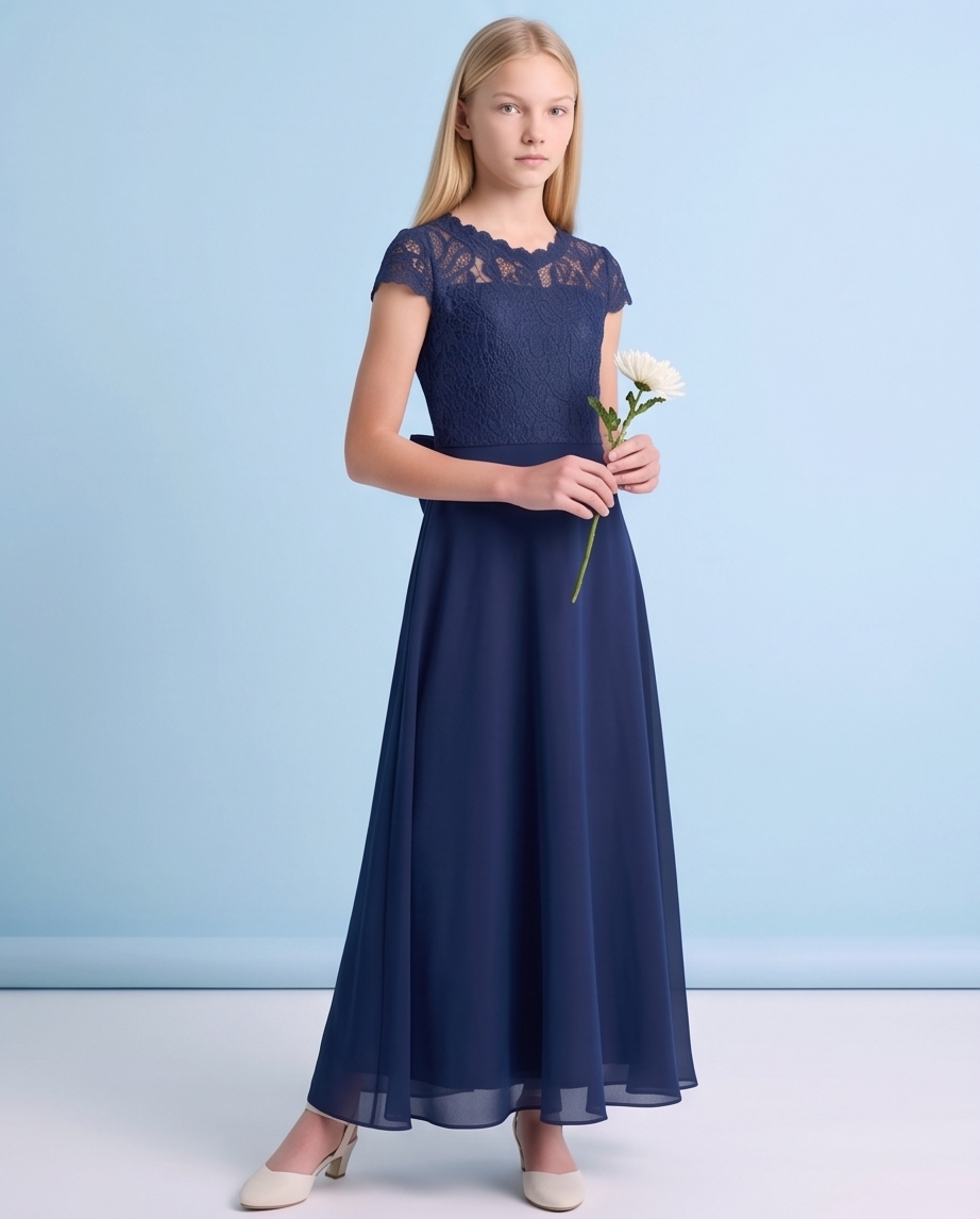 Navy Floral Lace Long Girls’ Occasion Dress