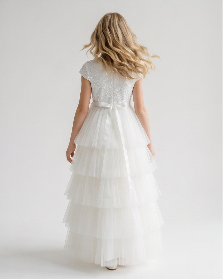 Girls White Sequin Bodice Communion Dress with Tiered Tulle Skirt
