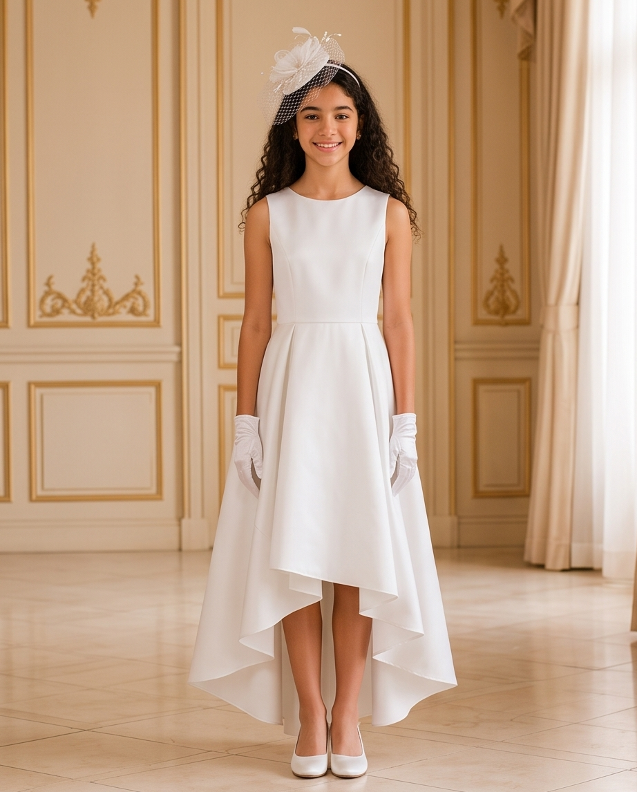 A young girl stands in a grand, elegant room wearing a sleeveless white high-low dress with a matching fascinator headpiece, white gloves, and white heels.