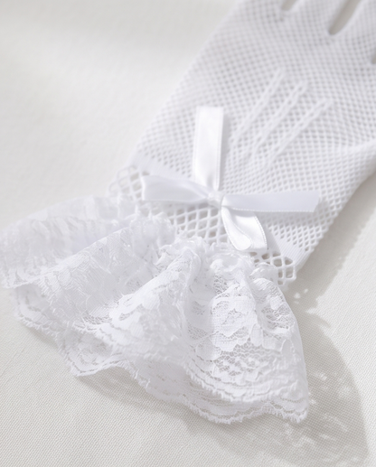 Girls’ White Mesh Communion Gloves with Lace Cuffs | 8–12 Years