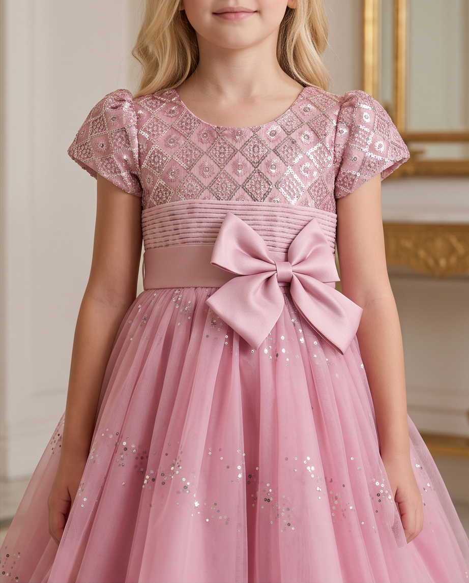 A young girl wearing a pink formal party dress with a sequined patterned bodice, short puff sleeves, a matching pink satin waistband, and a large bow at the center, paired with a tulle skirt with scattered sequins.