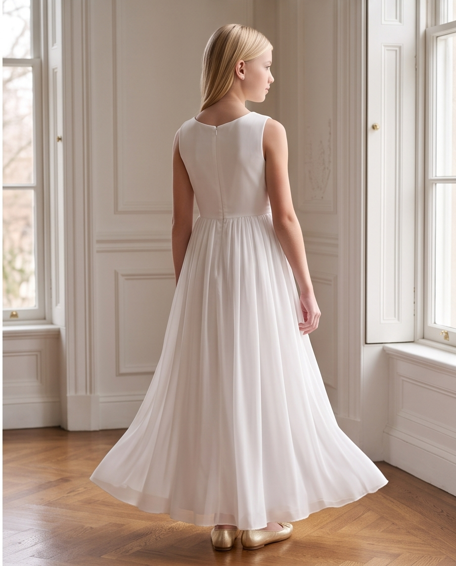 Girls White Chiffon Flower Girl Dress – Elegant Sleeveless Junior Bridesmaid Gown