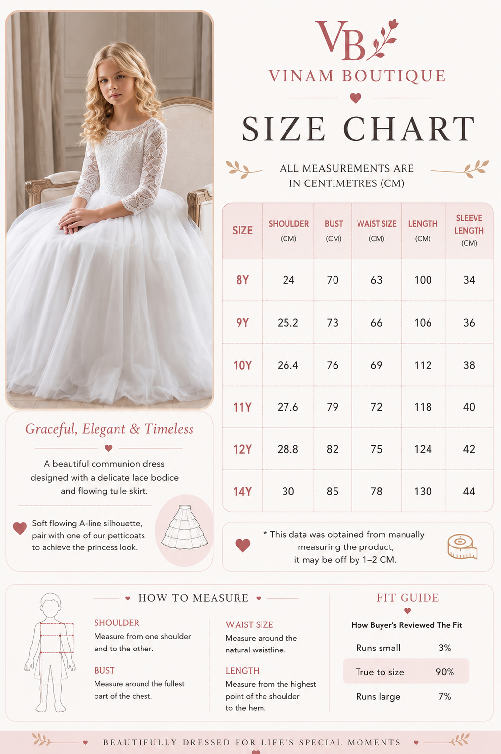 A size chart and fit guide for a Vinam Boutique dress, featuring a model wearing a white tulle dress on the left, a size table in the center, and measurement instructions and a fit guide on a light beige background with pink and brown accents.