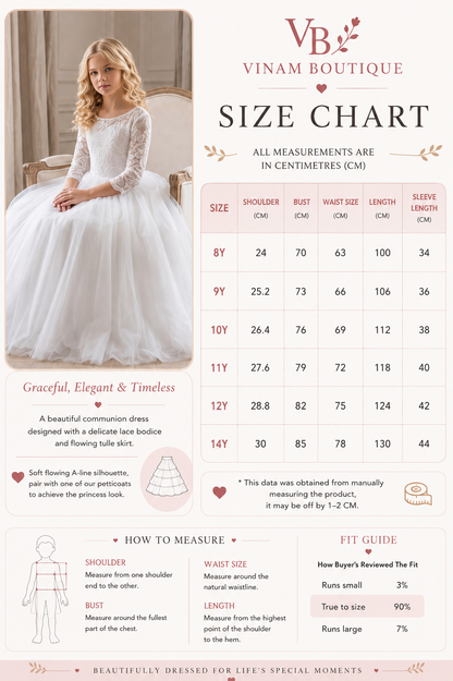 A size chart and fit guide for a Vinam Boutique dress, featuring a model wearing a white tulle dress on the left, a size table in the center, and measurement instructions and a fit guide on a light beige background with pink and brown accents.