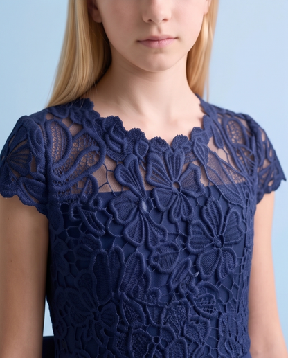 Navy Floral Lace Long Girls’ Occasion Dress