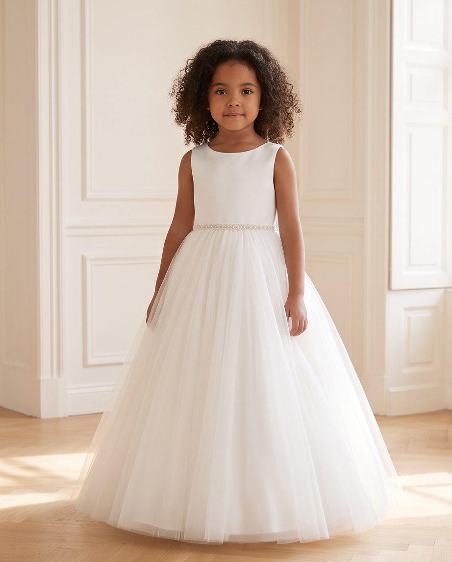 A young girl with curly dark hair stands indoors wearing a sleeveless white formal dress with a fitted bodice, a delicate beaded waistband, and a full tulle skirt. The photo is taken in a softly lit room with cream walls and light wood flooring.