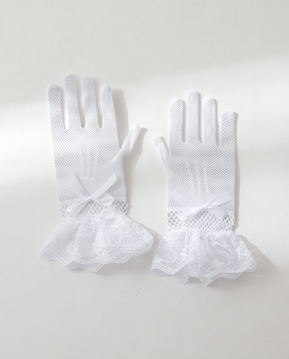 Girls’ White Mesh Communion Gloves with Lace Cuffs | 8–12 Years