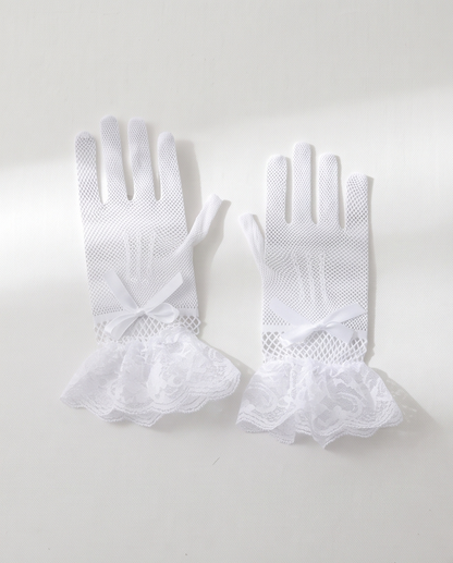 Girls’ White Mesh Communion Gloves with Lace Cuffs | 8–12 Years