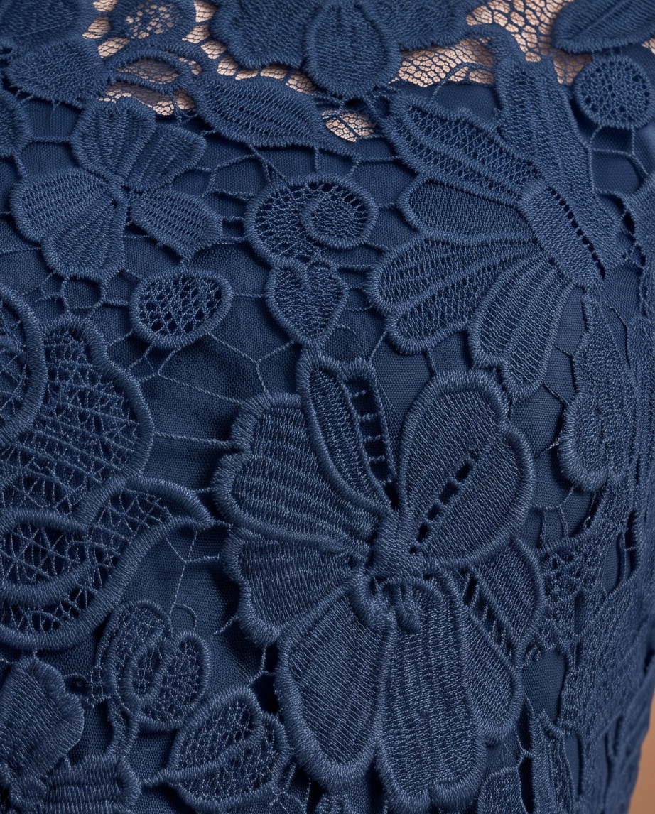 Close-up of a navy blue lace garment featuring floral and butterfly patterns over a sheer fabric.