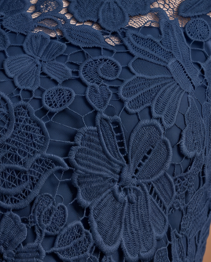 Close-up of a navy blue lace garment featuring floral and butterfly patterns over a sheer fabric.