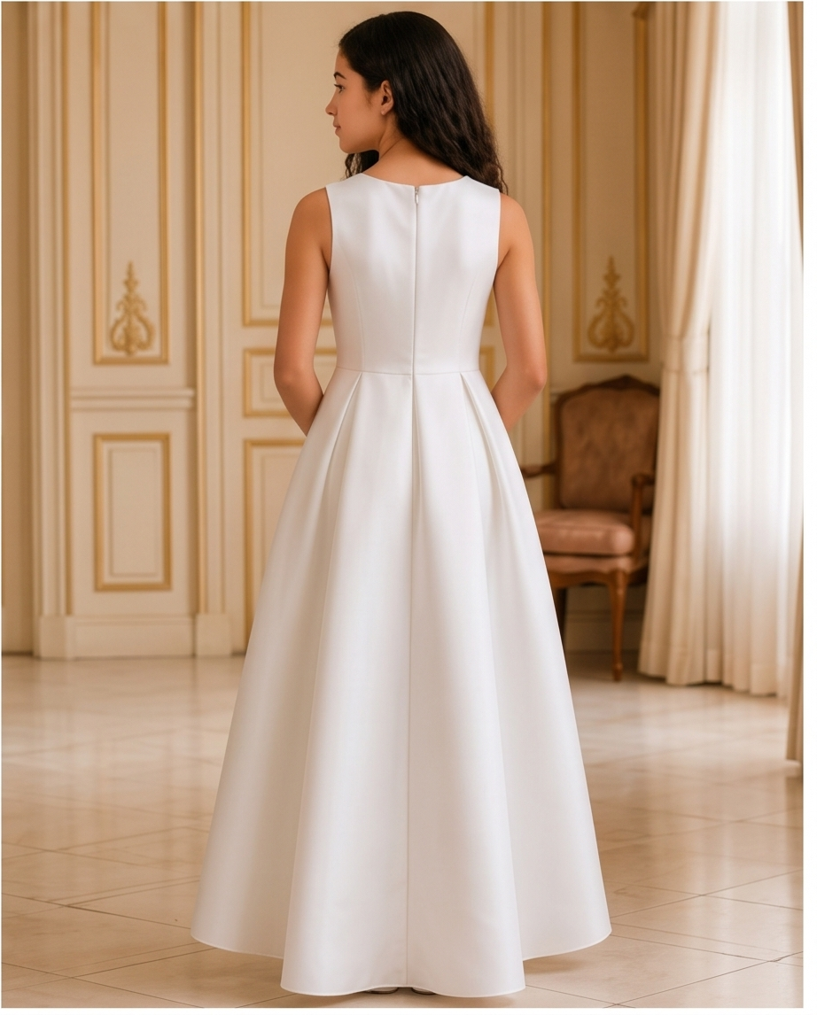 A woman wearing a sleeveless white A-line dress, shown from the back in an elegant indoor room with cream walls, gold trim, and a chair in the background.