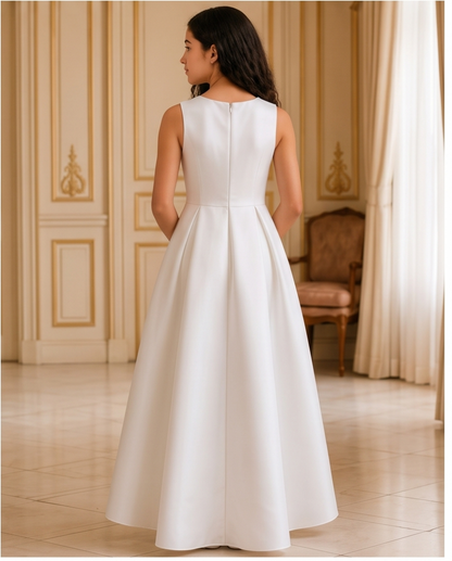A woman wearing a sleeveless white A-line dress, shown from the back in an elegant indoor room with cream walls, gold trim, and a chair in the background.