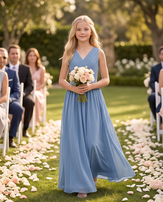 Girl wearing a dusty blue bridesmaid dress 