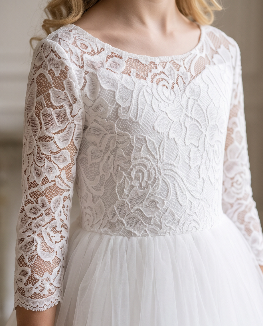 White lace and tulle dress with long sleeves and a sheer floral lace bodice, shown on a model against a soft neutral background.