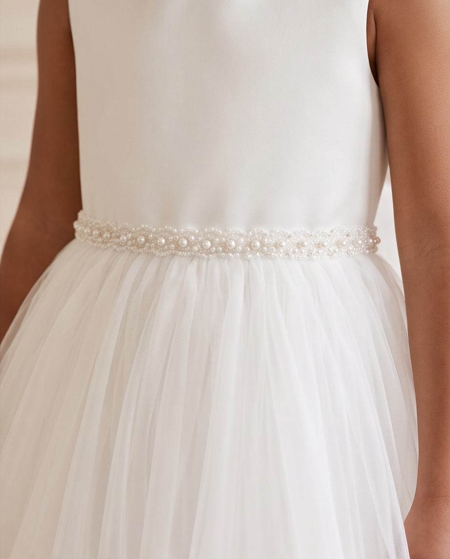 Close-up of a child wearing a white sleeveless dress with a fitted bodice, a pearl and bead waistband, and a layered tulle skirt.