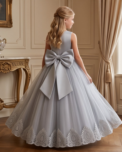 Vivienne Lace Flower Girl Dress for Girls | White & Grey Formal Dress