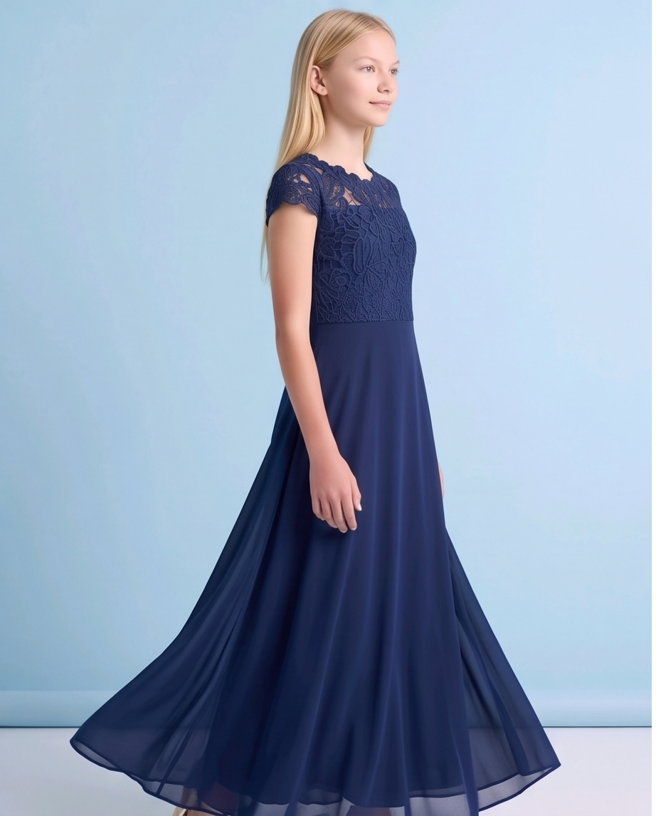 Navy Floral Lace Long Girls’ Occasion Dress