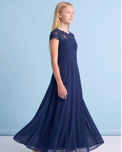 Navy Floral Lace Long Girls’ Occasion Dress