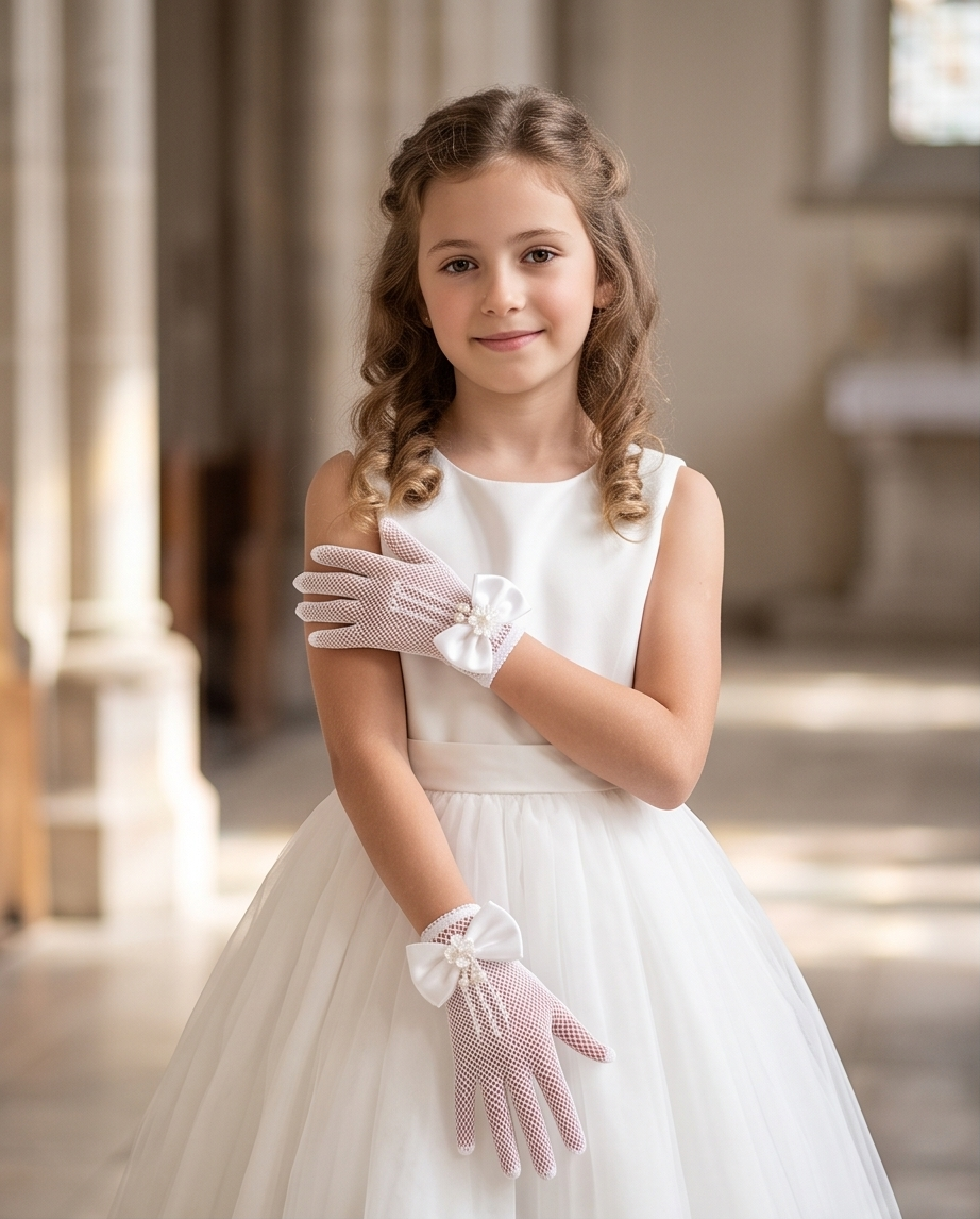 Pearl Lace Communion Gloves for Girls | White Formal Gloves