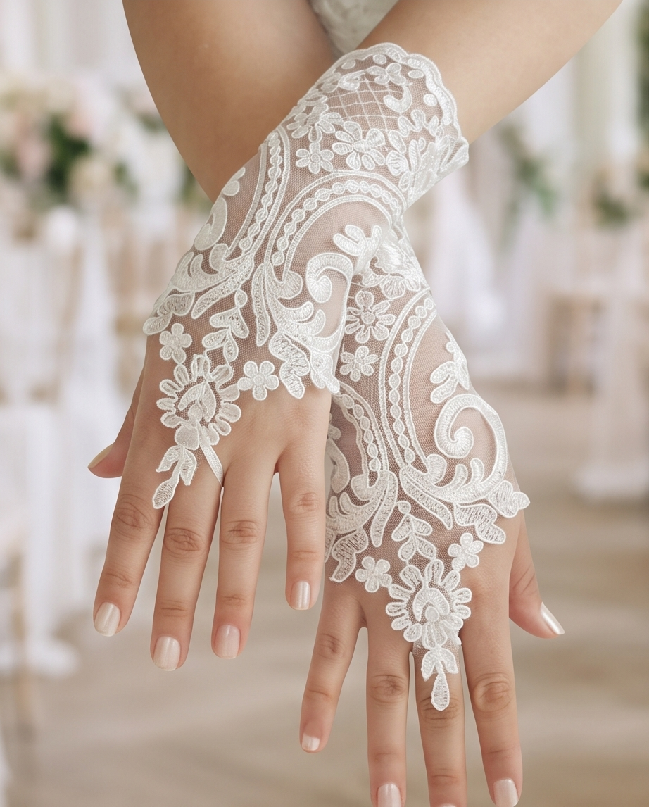 Girls’ White Lace Fingerless Gloves – One Size