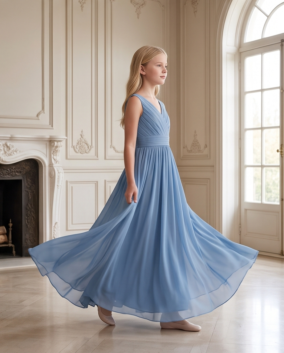 Girl wearing a dusty blue bridesmaid dress 