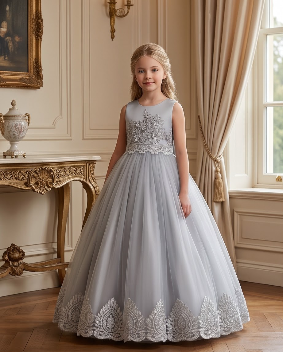Vivienne Lace Flower Girl Dress for Girls | White & Grey Formal Dress
