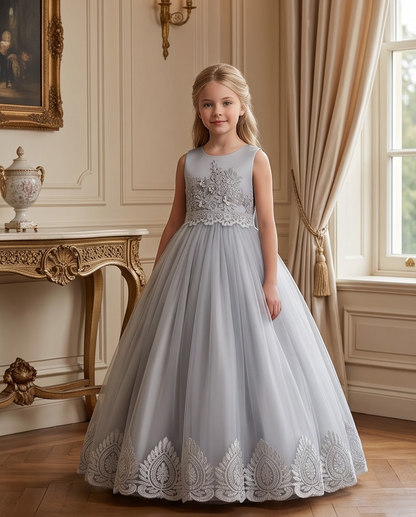 Vivienne Lace Flower Girl Dress for Girls | White & Grey Formal Dress