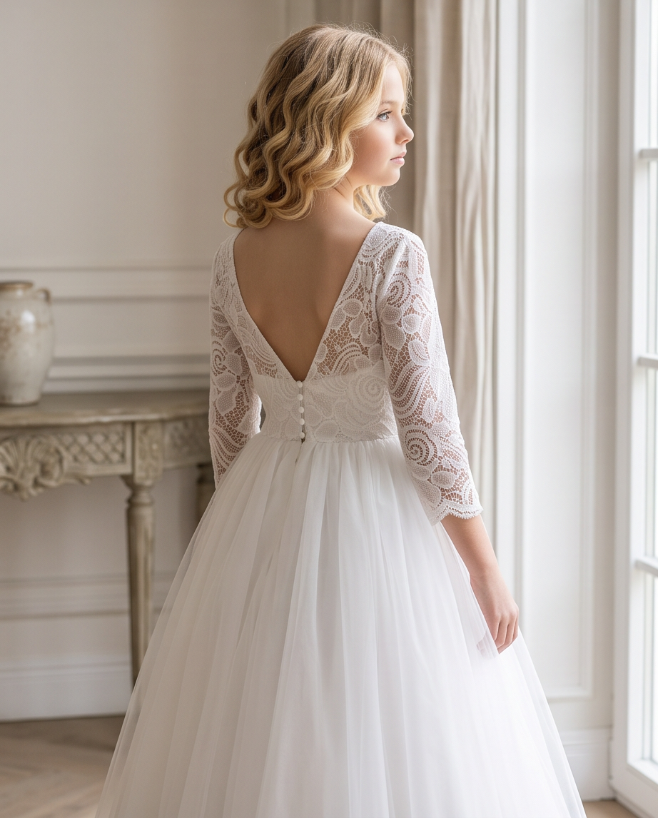 A young girl with blonde wavy hair is shown from the back wearing a white lace and tulle ballgown in a bright, elegant room with a window and a console table.