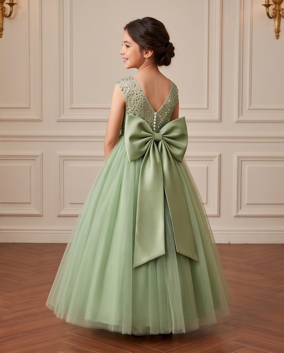 Child wearing a sequin green dress