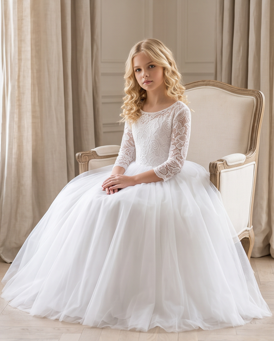 A young girl with blonde wavy hair sits in an elegant cream-colored armchair wearing a white ball gown with a lace bodice and a full tulle skirt, set against a soft background of beige curtains and paneled walls.