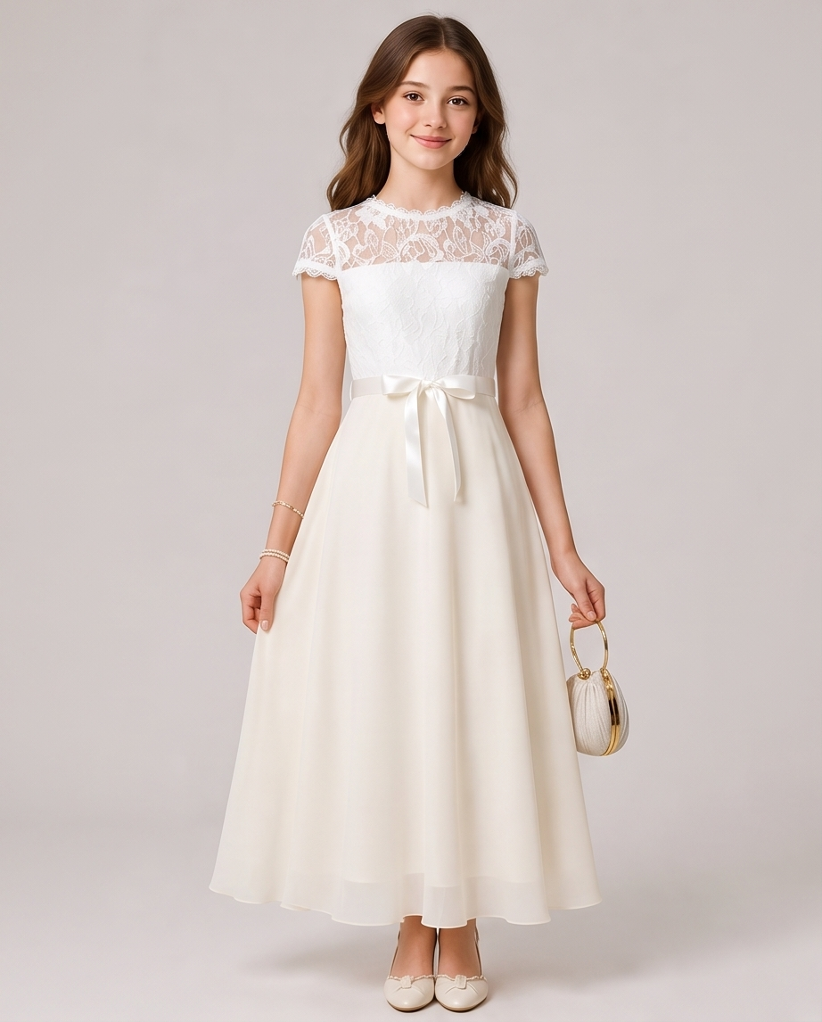 A young girl models a white A-line dress with a lace bodice, cap sleeves, and a matching satin bow at the waist. She is holding a small gold and white handbag against a solid light gray studio background.