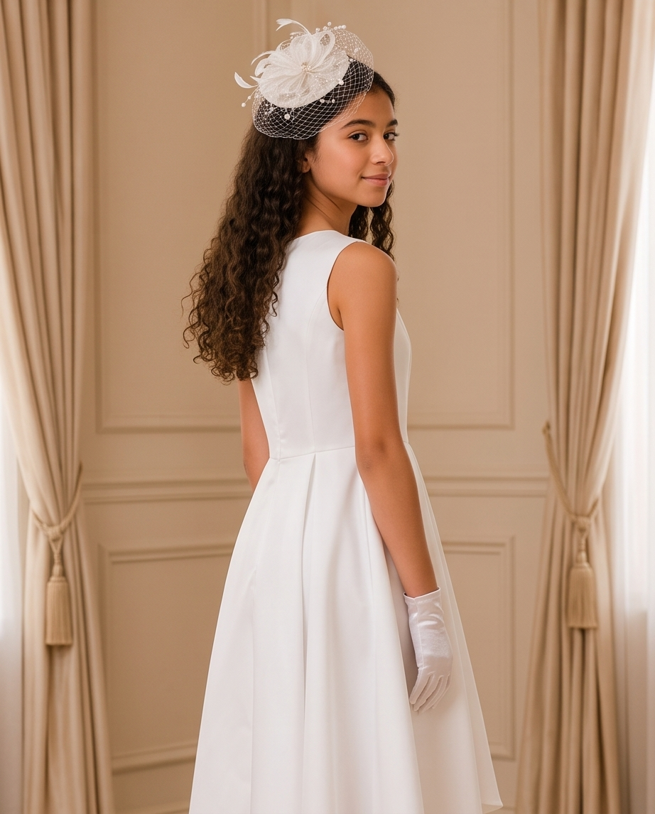 A young girl with long curly brown hair is shown from the back wearing a sleeveless white dress, white glove, and a white fascinator hat with a black netting band. She is standing in front of beige paneled walls with draped curtains.