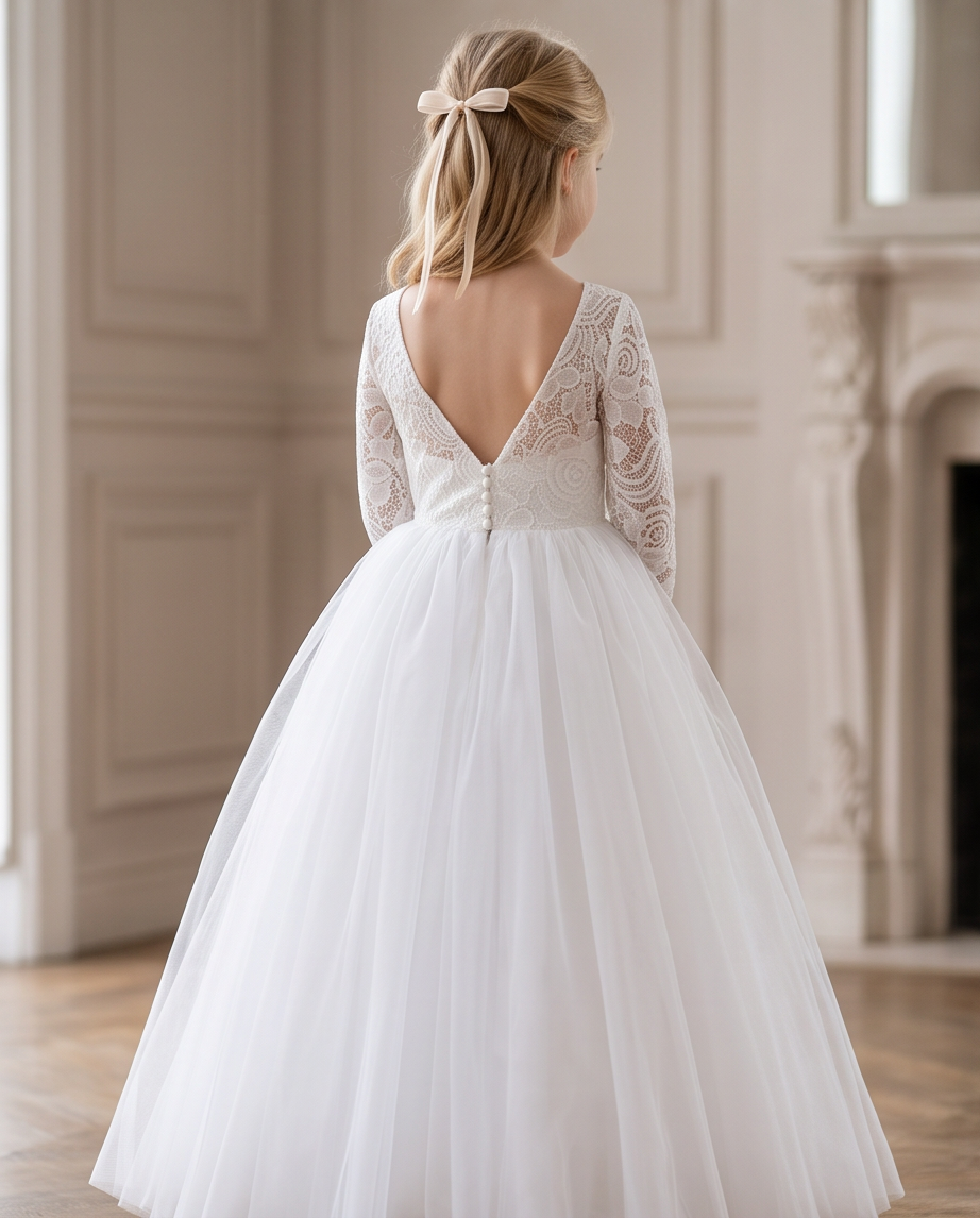 A young girl viewed from behind wearing a white lace and tulle ball gown with a deep V back and long sleeves, standing in a softly lit indoor room with paneled walls and a fireplace.