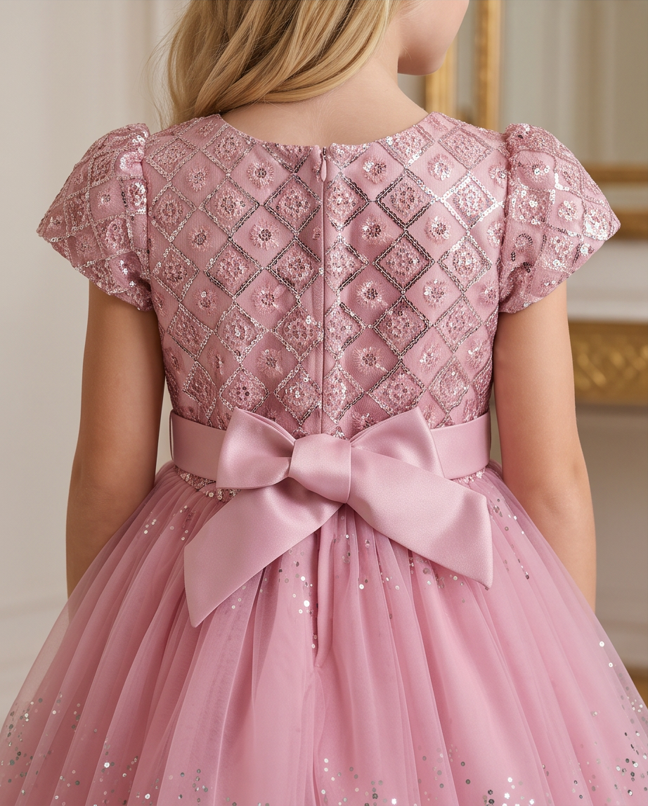 A child wearing a pink party dress, shown from the back. The dress features a sparkling sequined and embroidered bodice with short puff sleeves, a large satin bow at the waist, and a voluminous tulle skirt with subtle silver glitter.