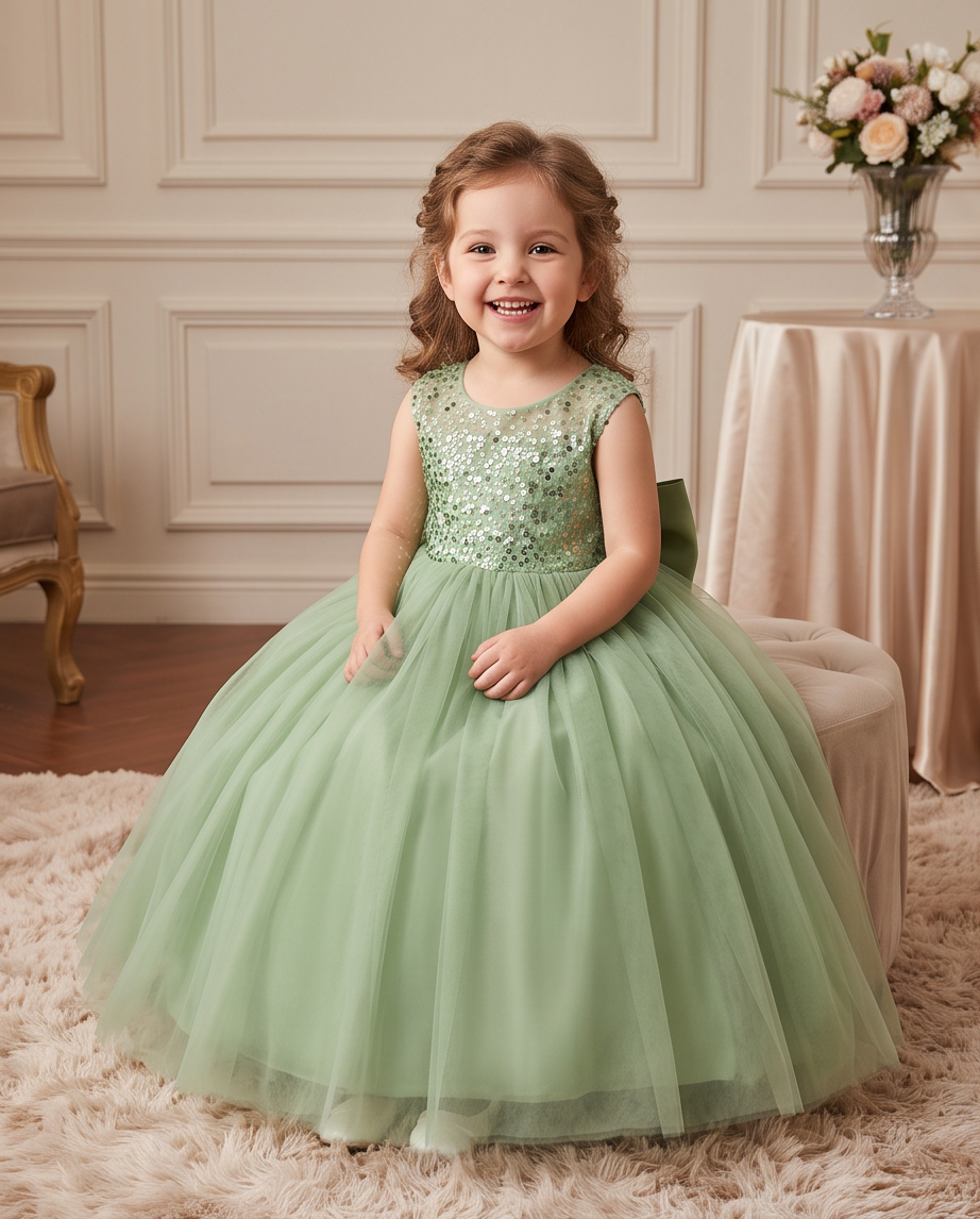 Child wearing a sequin green dress