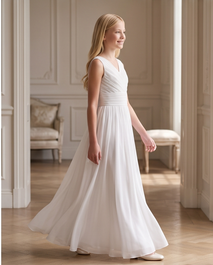 Girls White Chiffon Flower Girl Dress – Elegant Sleeveless Junior Bridesmaid Gown
