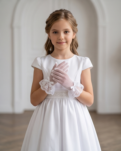 Girls’ White Mesh Communion Gloves with Lace Cuffs | 8–12 Years