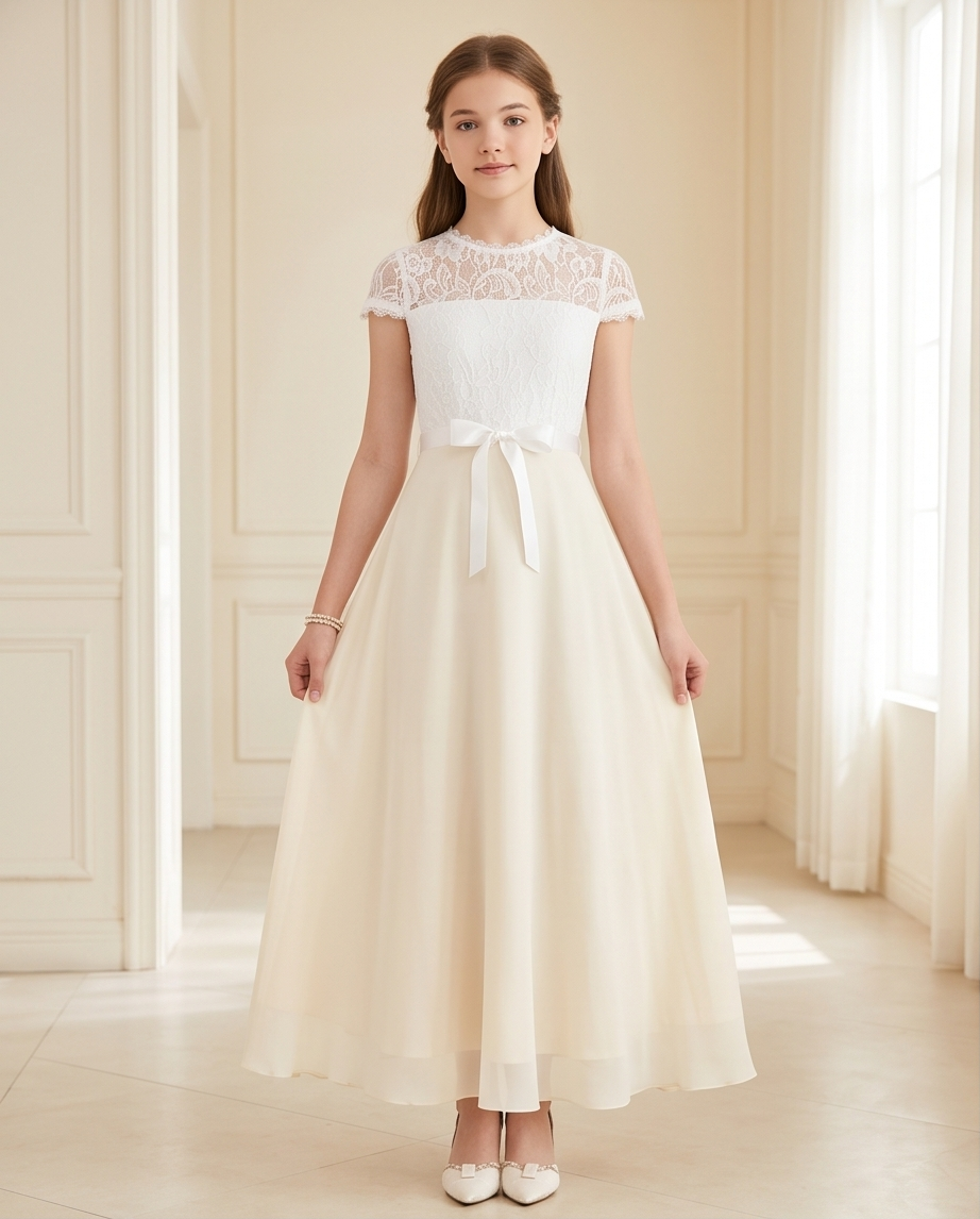 A young girl stands in a bright cream-colored room wearing a formal white and cream dress with a lace bodice, short cap sleeves, and a long flowing skirt tied at the waist.