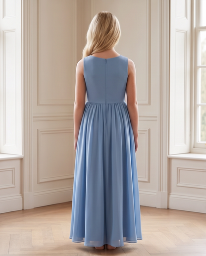 Girl wearing a dusty blue bridesmaid dress 