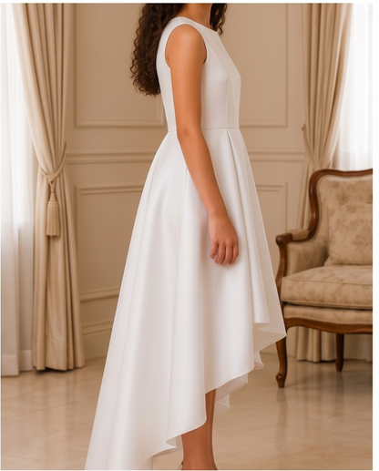 A woman wearing a sleeveless white high-low dress, shown from the side in a classic indoor room with beige curtains and a wooden armchair.