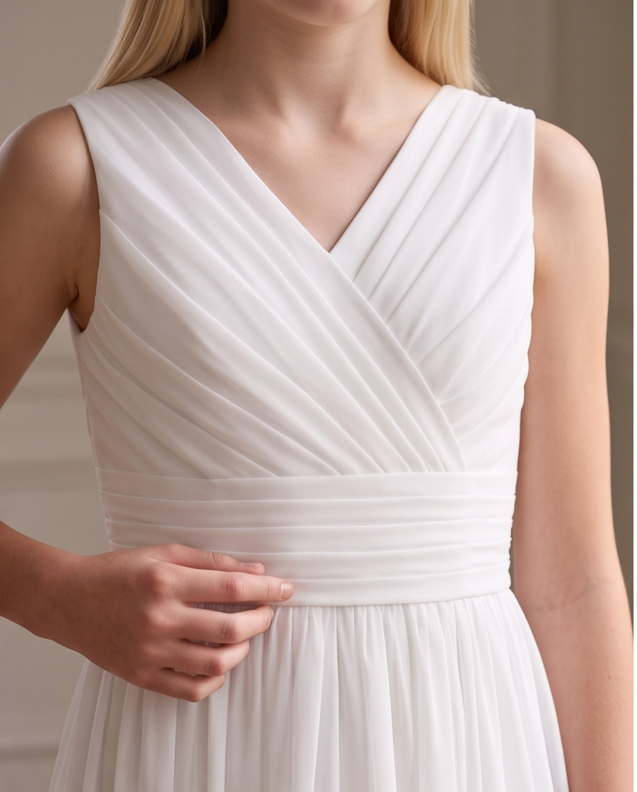 Girls White Chiffon Flower Girl Dress – Elegant Sleeveless Junior Bridesmaid Gown