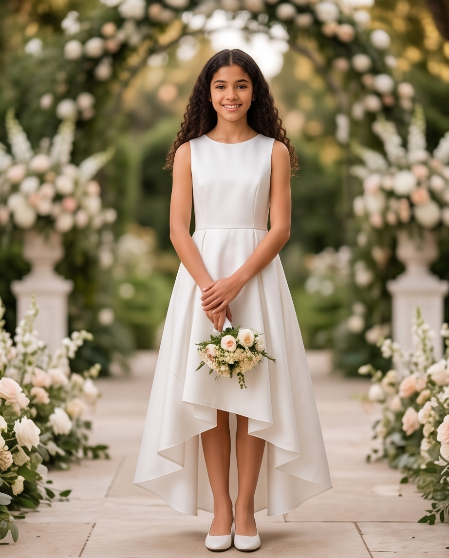 A young girl stands in a garden ceremony setting wearing a sleeveless white high-low dress and holding a small bouquet of white and peach flowers.