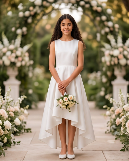 A young girl stands in a garden ceremony setting wearing a sleeveless white high-low dress and holding a small bouquet of white and peach flowers.