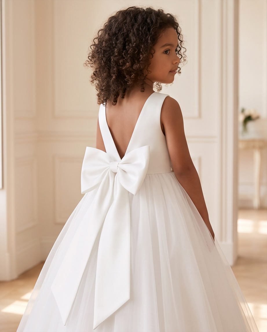 A young girl with curly brown hair is shown from the back wearing a white sleeveless party dress with a large bow on the back and a tulle skirt, standing in a bright indoor room.
