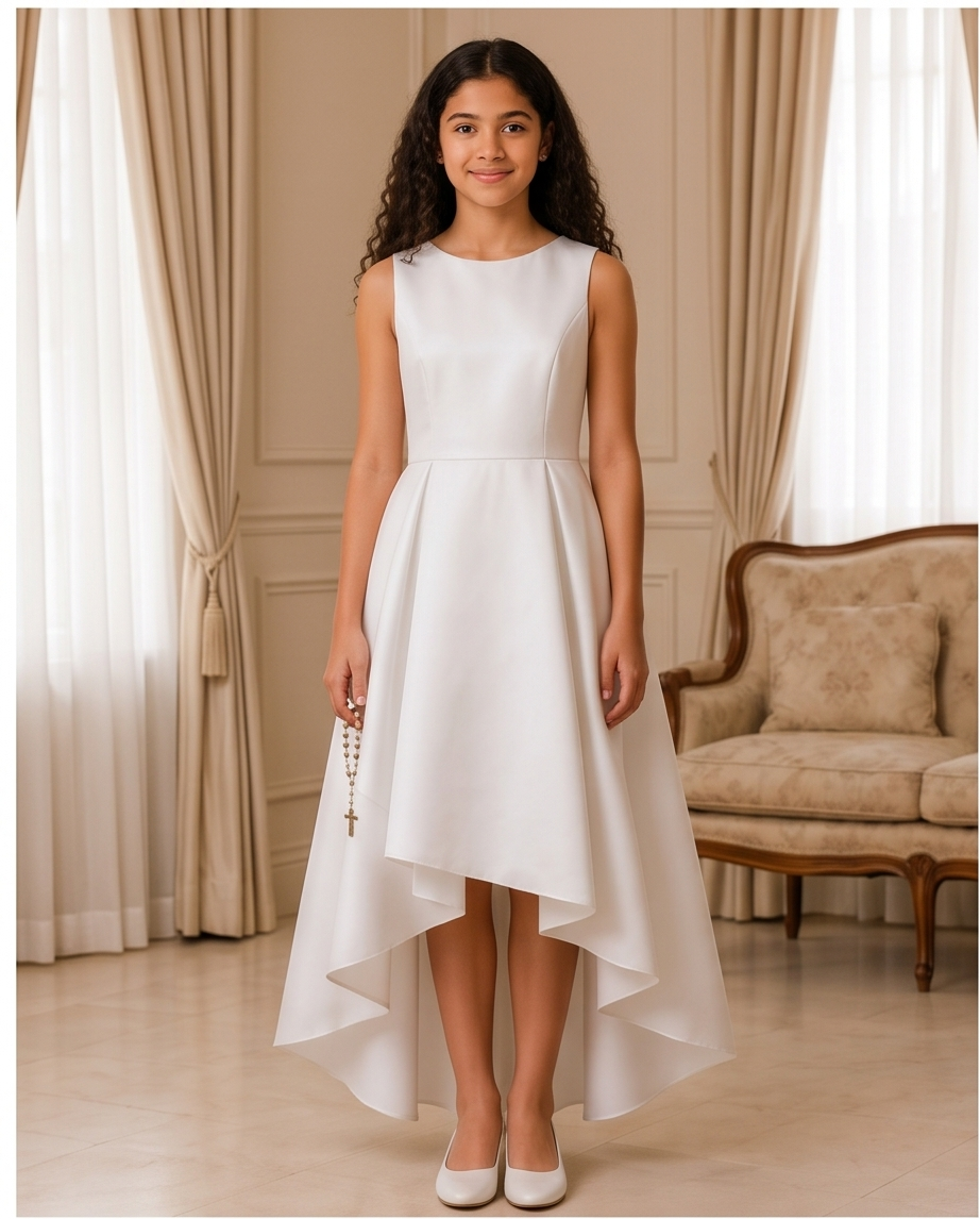 A young girl stands in a beautifully decorated room wearing a sleeveless white high-low dress. The dress features a structured bodice, a flared skirt, and an asymmetrical hem.