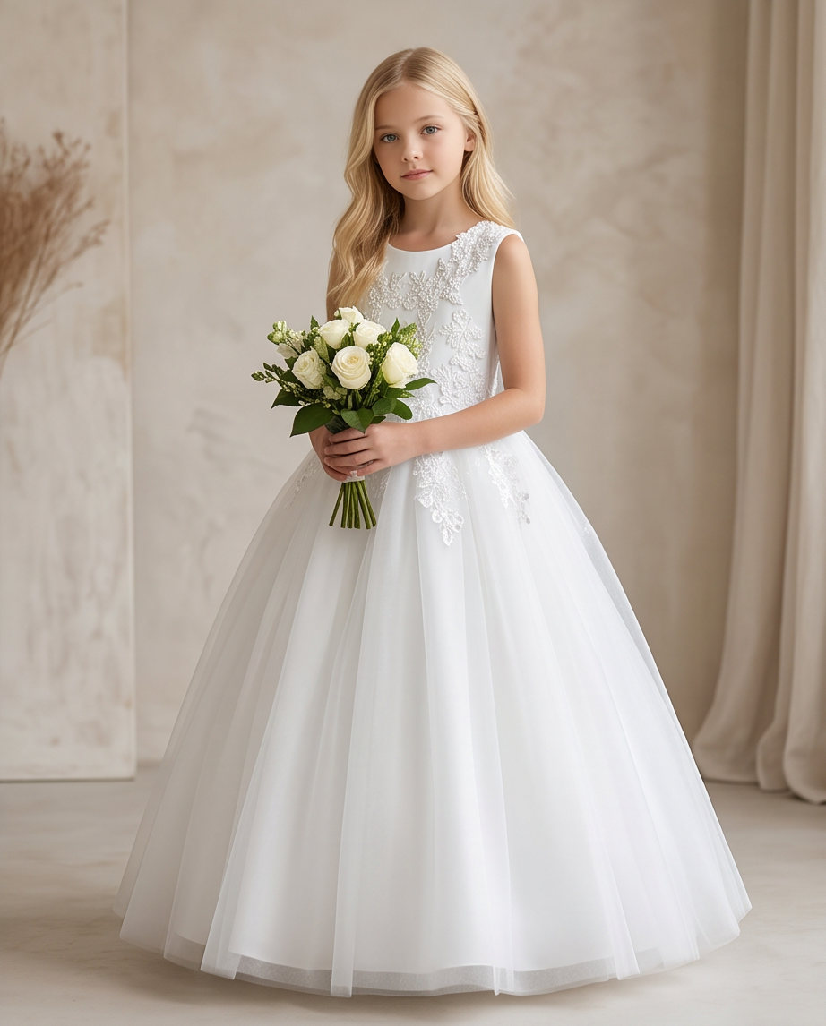 Girl wearing a white communion dress 